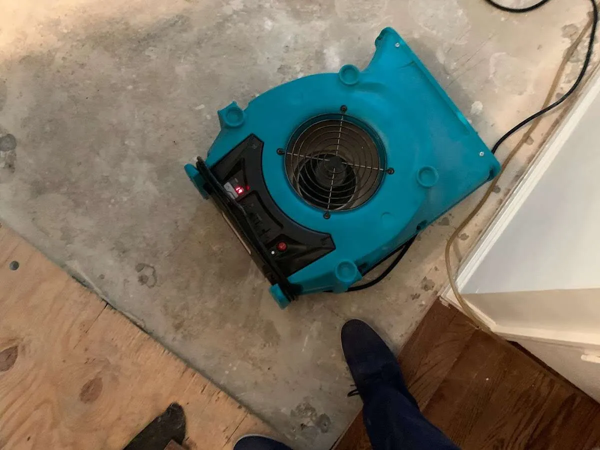 Air mover drying subfloor during Leak Detection & Repair in Tracyton